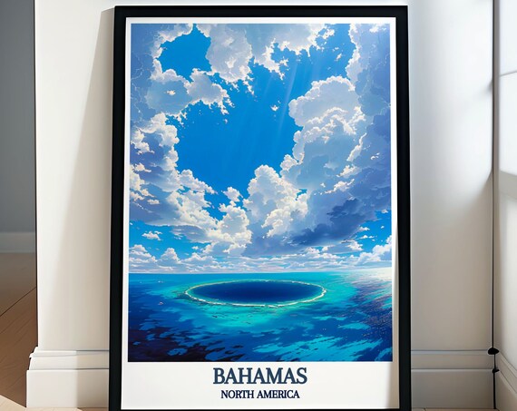 Bahamas Blue Hole Aerial Turquoise Ocean Clouds Caribbean Travel Poster