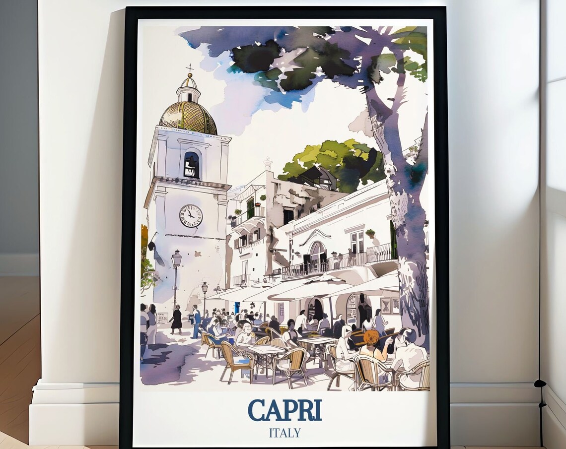 Capri Italy Piazzetta Clock Tower Cafe Scene Watercolor Poster