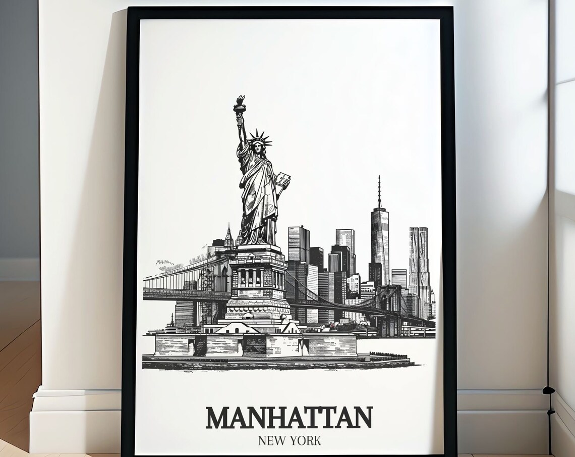 Manhattan New York Statue of Liberty Skyline Sketch Art Poster