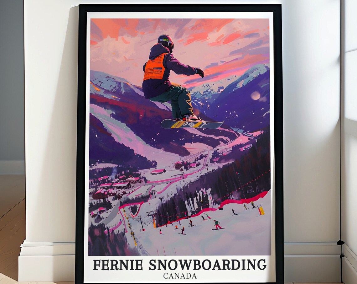 Fernie Snowboarding Canada Sunset Jump Mountain Resort Poster
