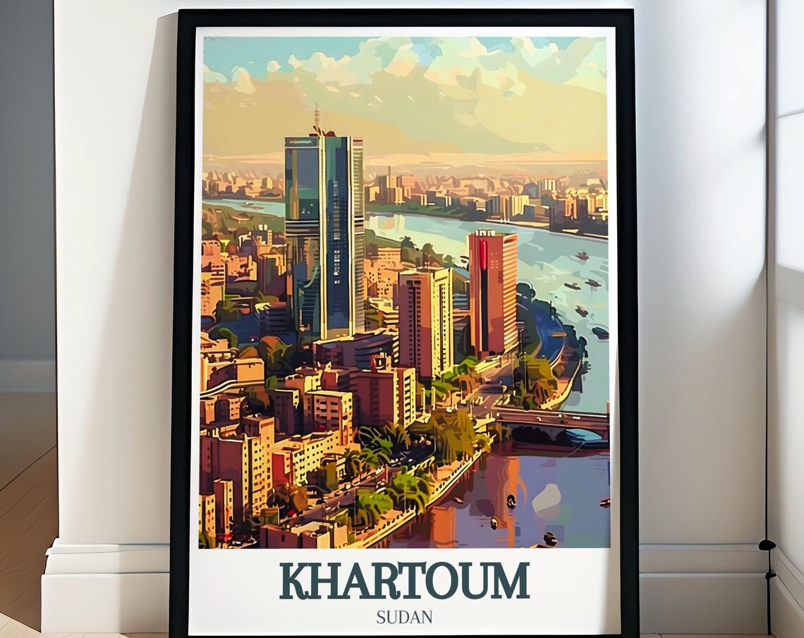 Khartoum City Skyline Over the Nile River at Golden Hour Travel Poster