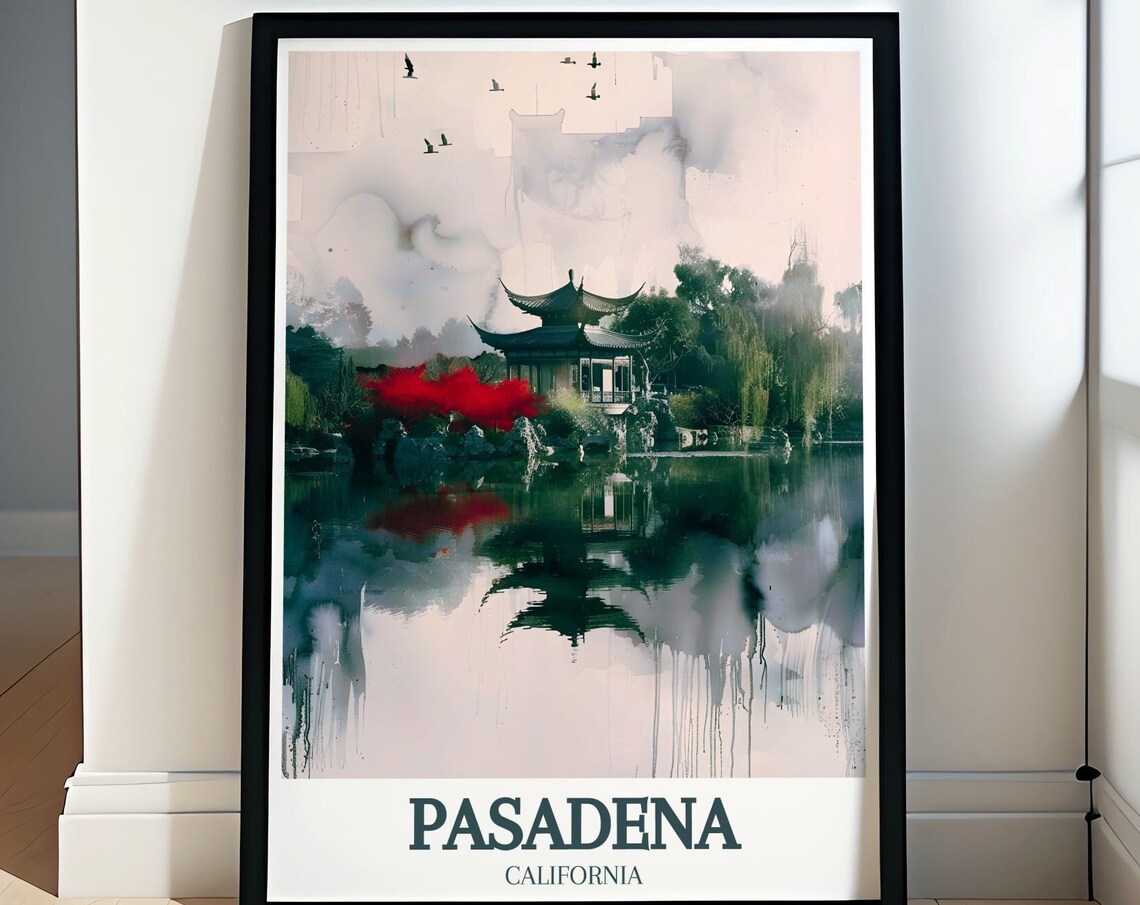 Pasadena Chinese Garden Pagoda Pond Watercolor California Poster
