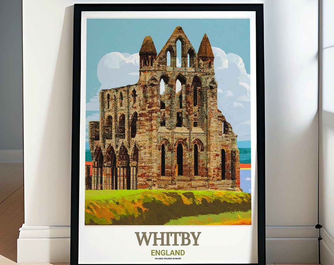 Whitby Abbey Ruins Closeup Stone Facade With Blue Sky Overhead Poster
