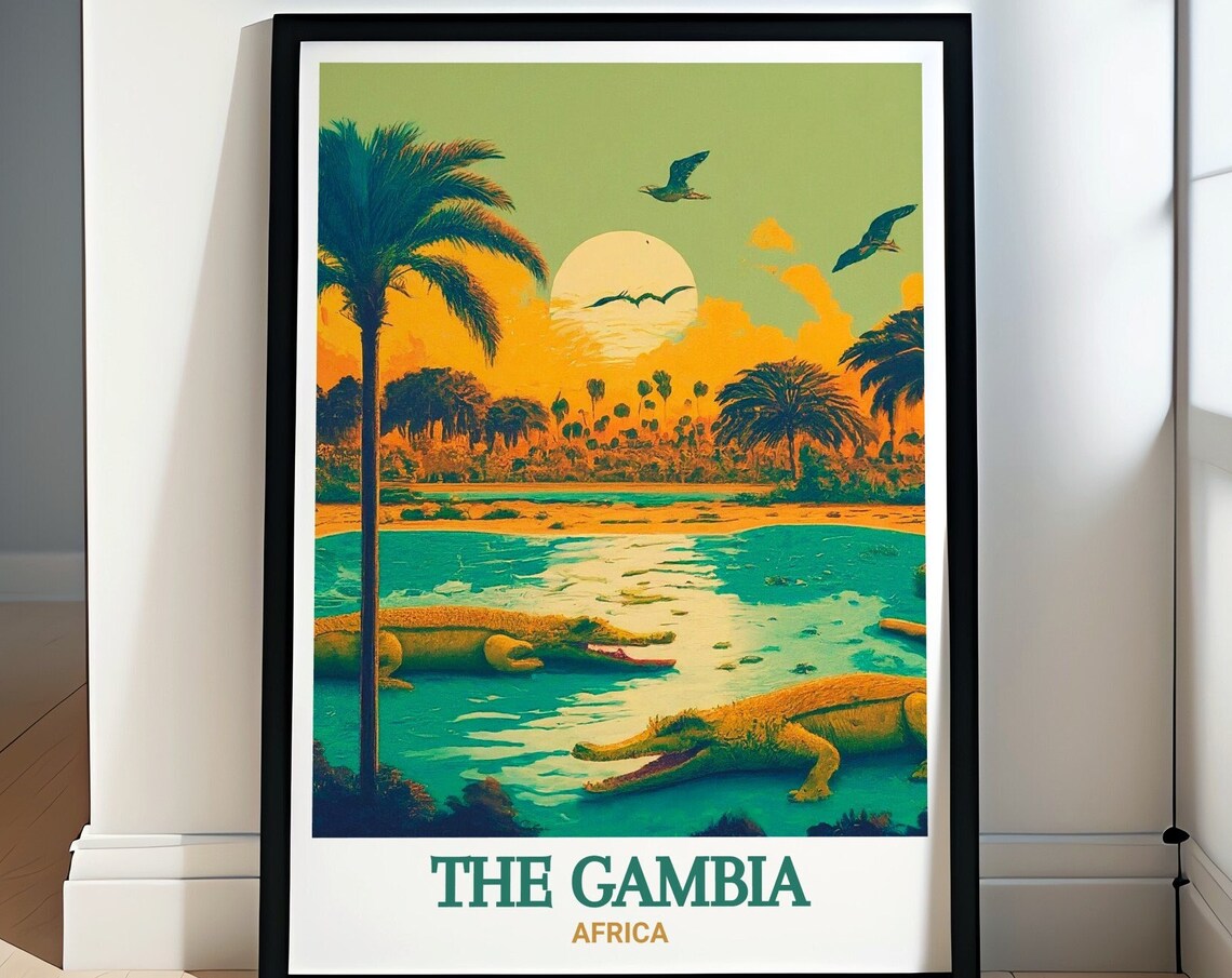 The Gambia Africa Crocodiles At Sunset Wildlife Travel Art Poster