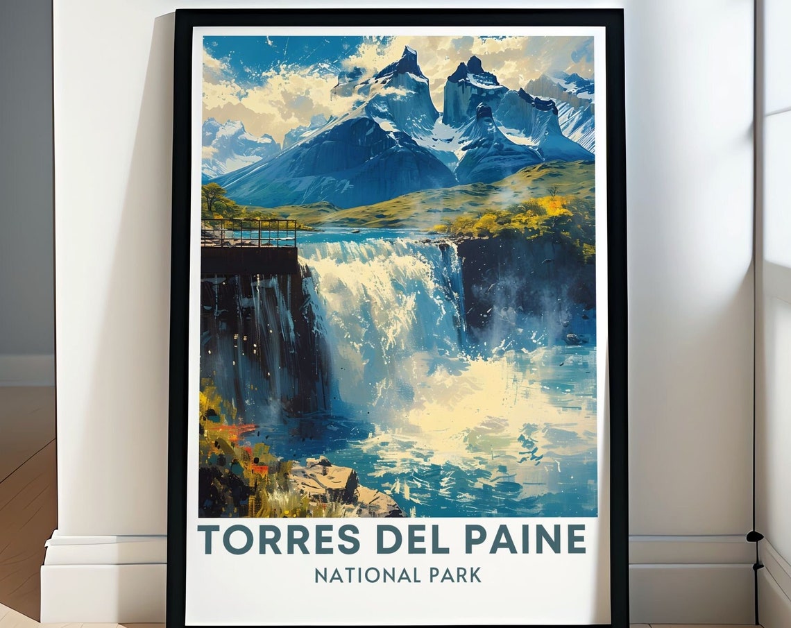 Torres Del Paine Travel Print Salto Grande Travel Poster Retro Travel Poster Of Torres Del Paine National Park