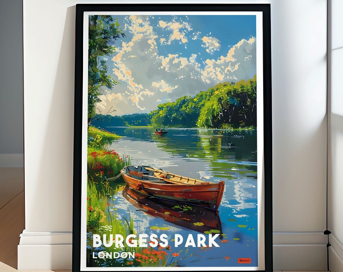 Burgess Park London Lake With Wooden Rowboats Vintage Travel Poster