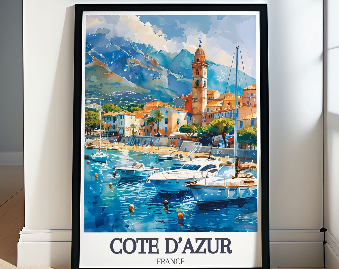 Cote d'Azur France Harbor Sailboats Coastal Hills Watercolor Poster