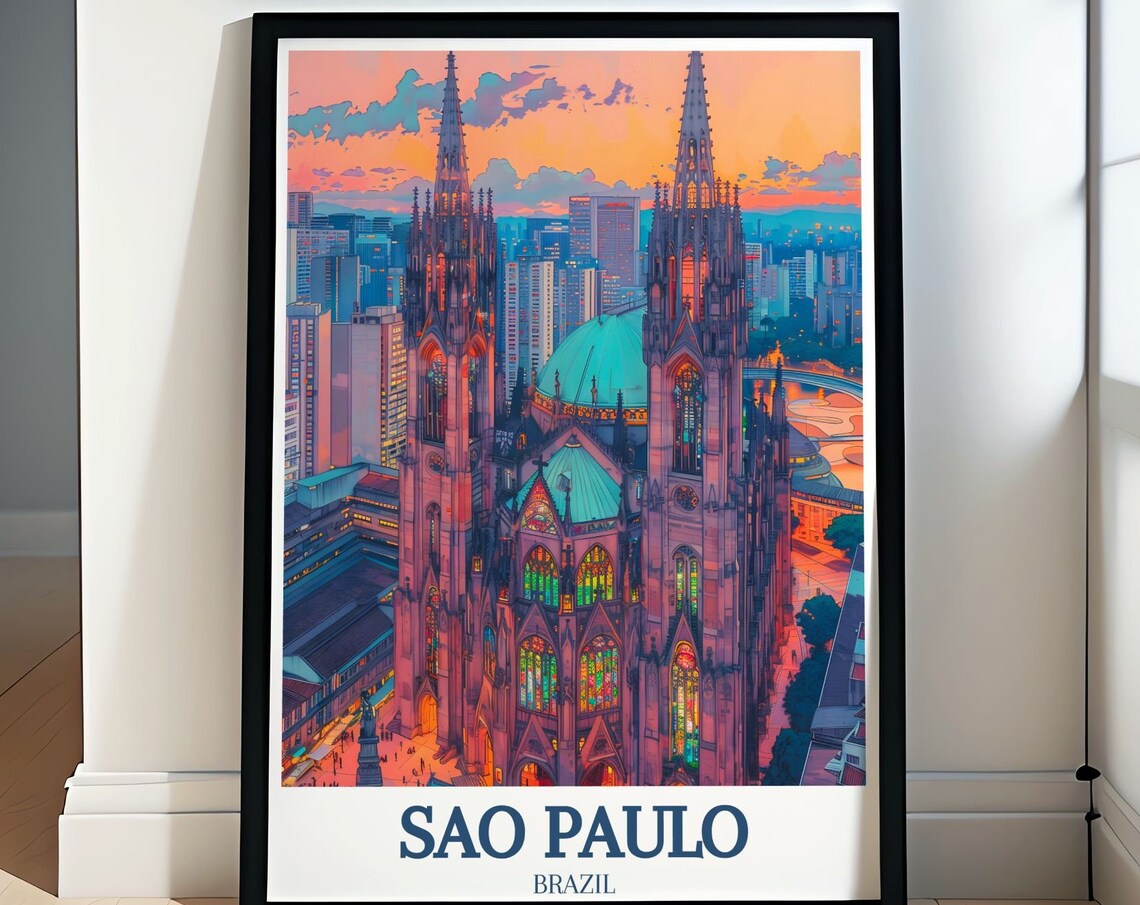 Sao Paulo Brazil Cathedral Sunset Twin Spires City Travel Poster