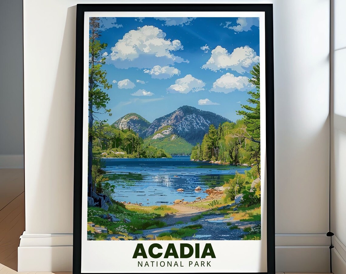 Acadia Jordan Pond Mountains Blue Sky Summer Travel Art Poster