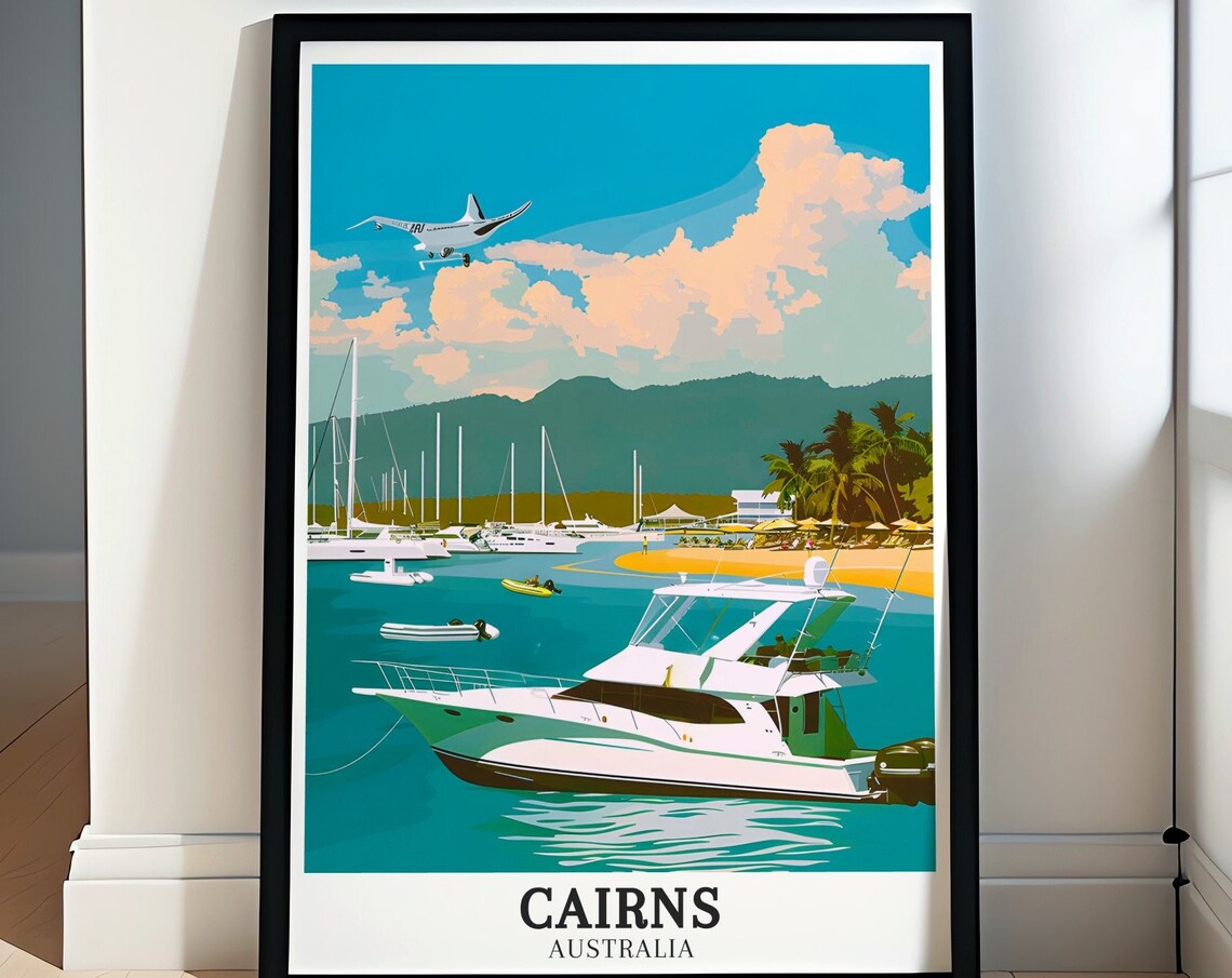 Cairns Australia Bustling Marina Yacht Seaplane Harbor Poster