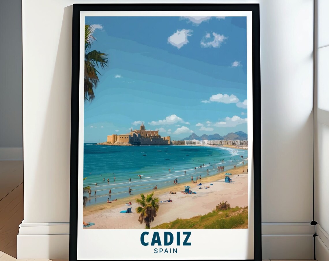 Cadiz Spain La Caleta Beach Palm Trees Sandy Coast Travel Poster