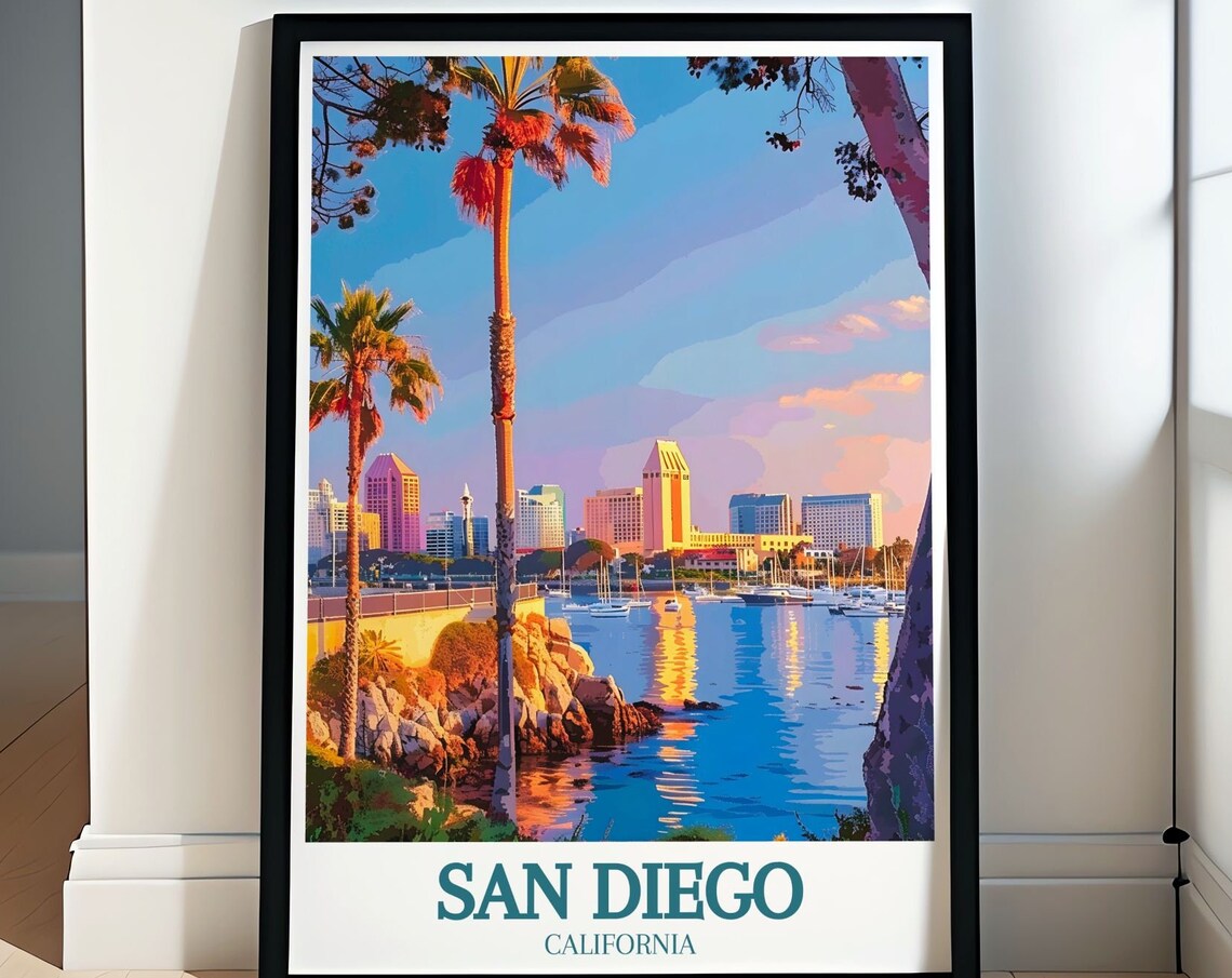 San Diego California Harbor Sunset Marina Skyline Travel Poster