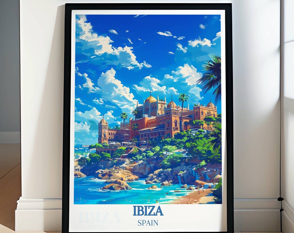 Ibiza Spain Cliffside Coastal Resort Turquoise Bay Travel Poster