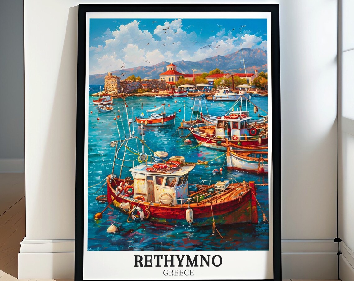 Rethymno Fishing Harbour Colorful Boats Impressionist Greece Poster