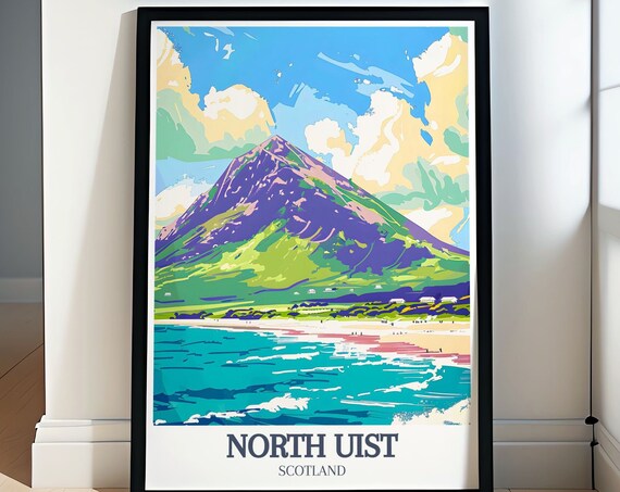 North Uist Towering Mountain Turquoise Shoreline Retro Travel Poster