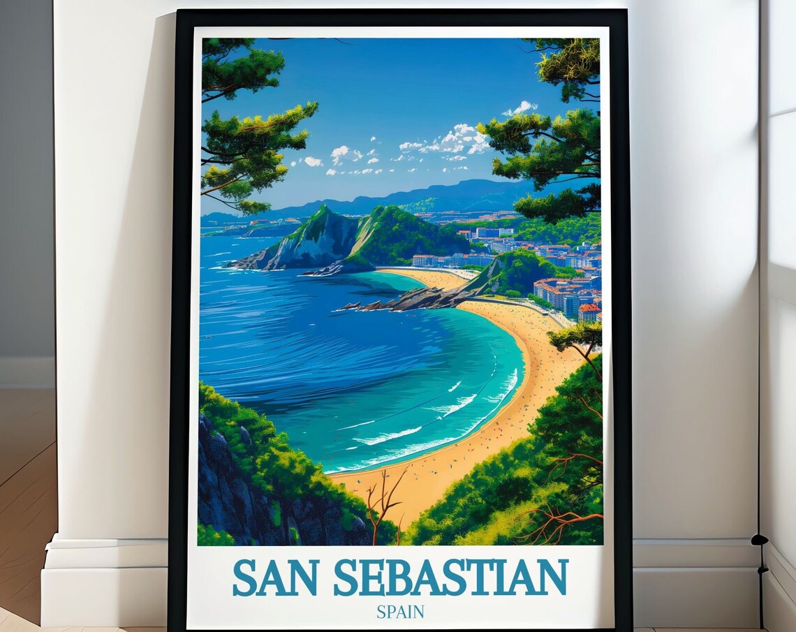 San Sebastian La Concha Beach Overlook Pines Spain Travel Poster