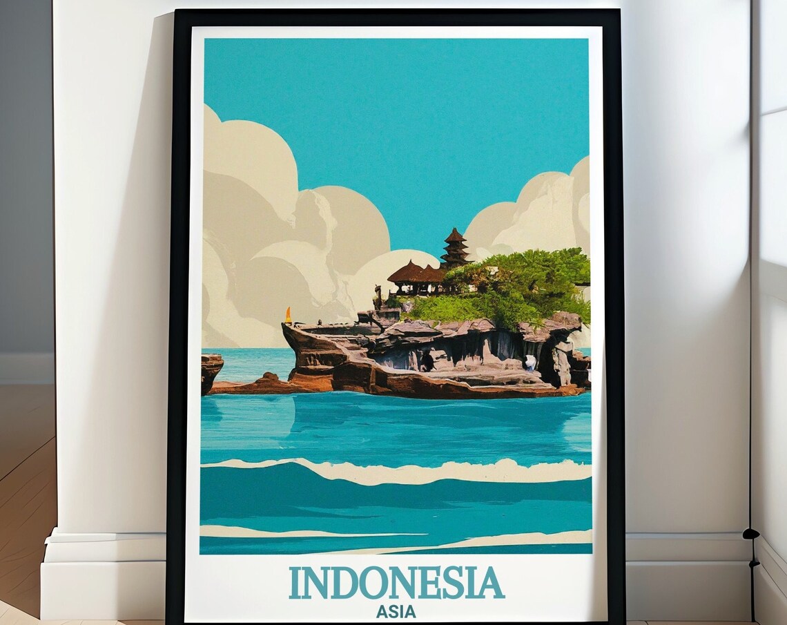 Indonesia Asia Bali Tanah Lot Temple Ocean Rock Retro Art Poster