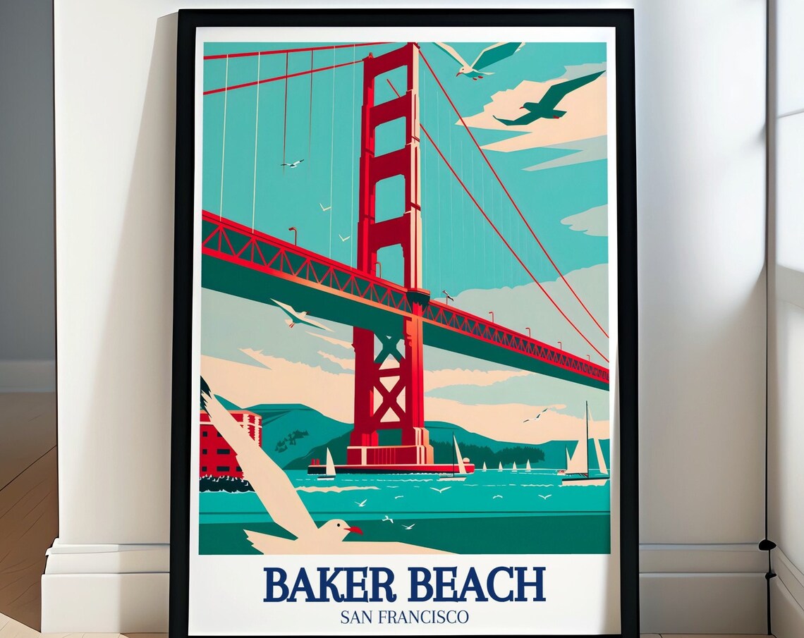 Baker Beach Golden Gate Bridge Poster Retro Seagull Coastal Decor