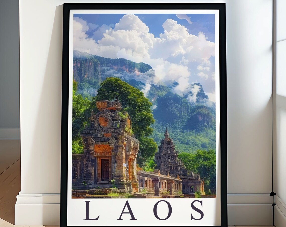 Vat Phou Ancient Temple Ruins Laos Misty Mountains Travel Poster
