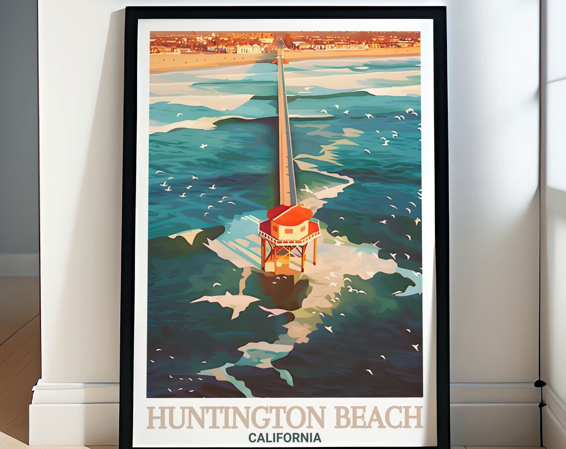 Huntington Beach Pier Aerial View Over Ocean California Poster