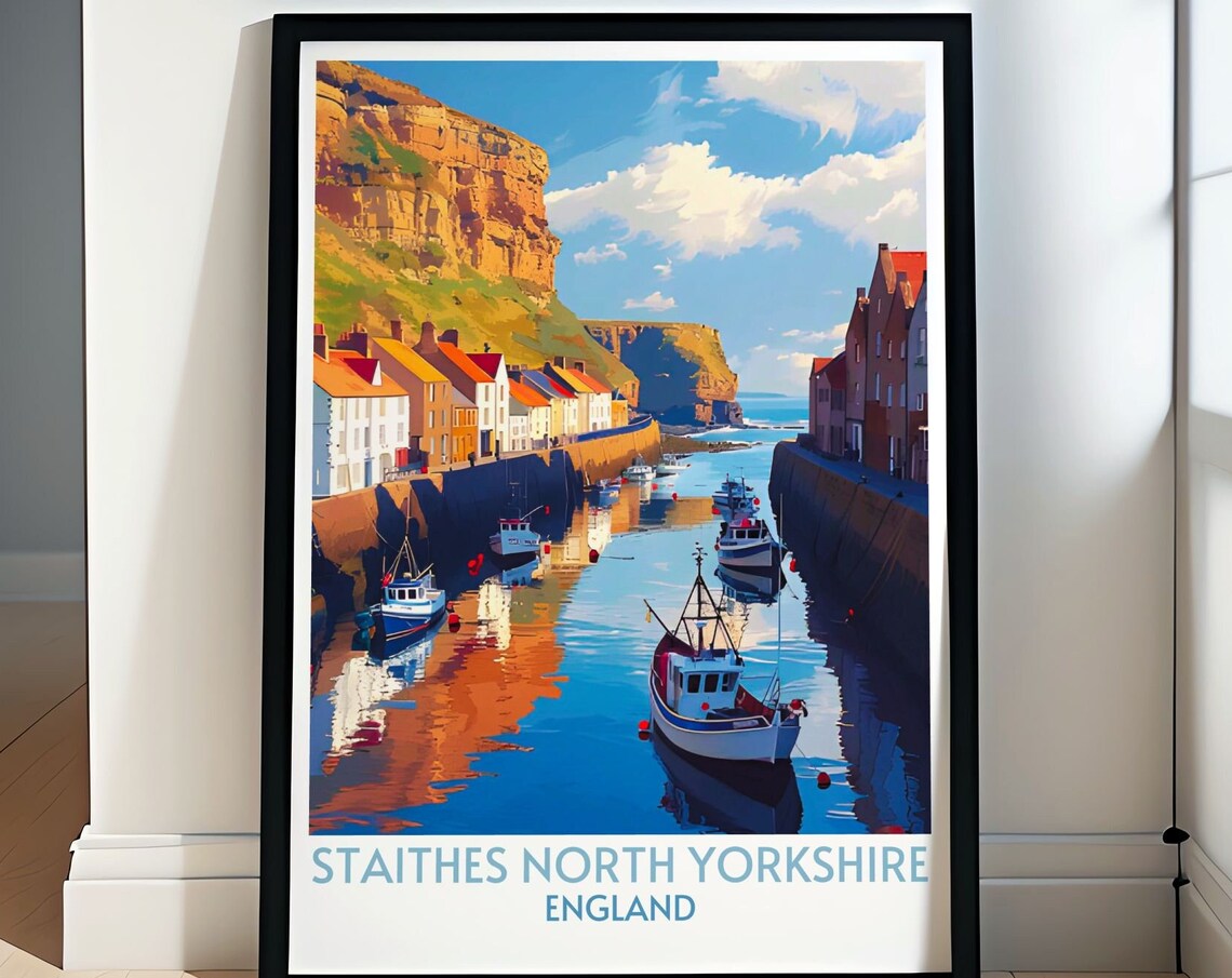 Staithes North Yorkshire Harbor Walls Golden Cliffs Travel Poster