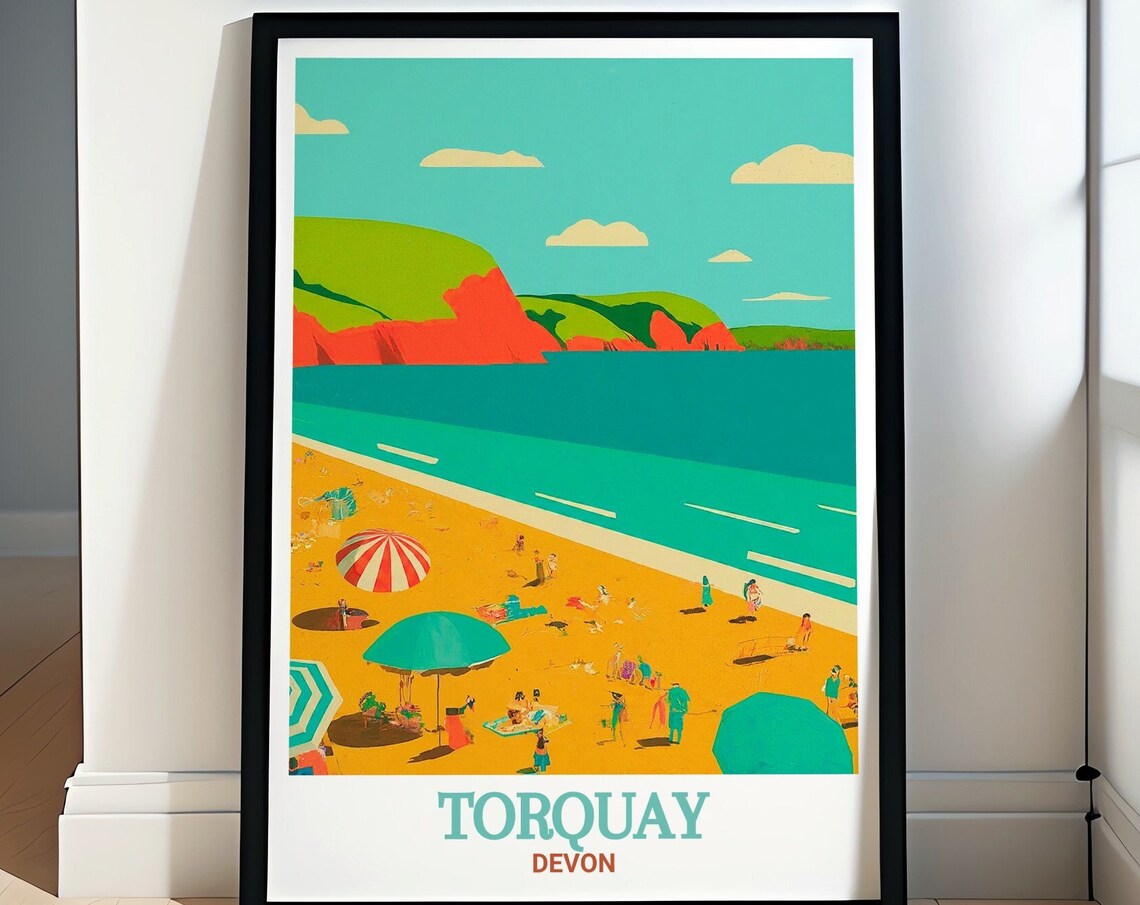 Torquay Devon Meadfoot Beach Umbrellas Red Cliffs Sunny Travel Poster