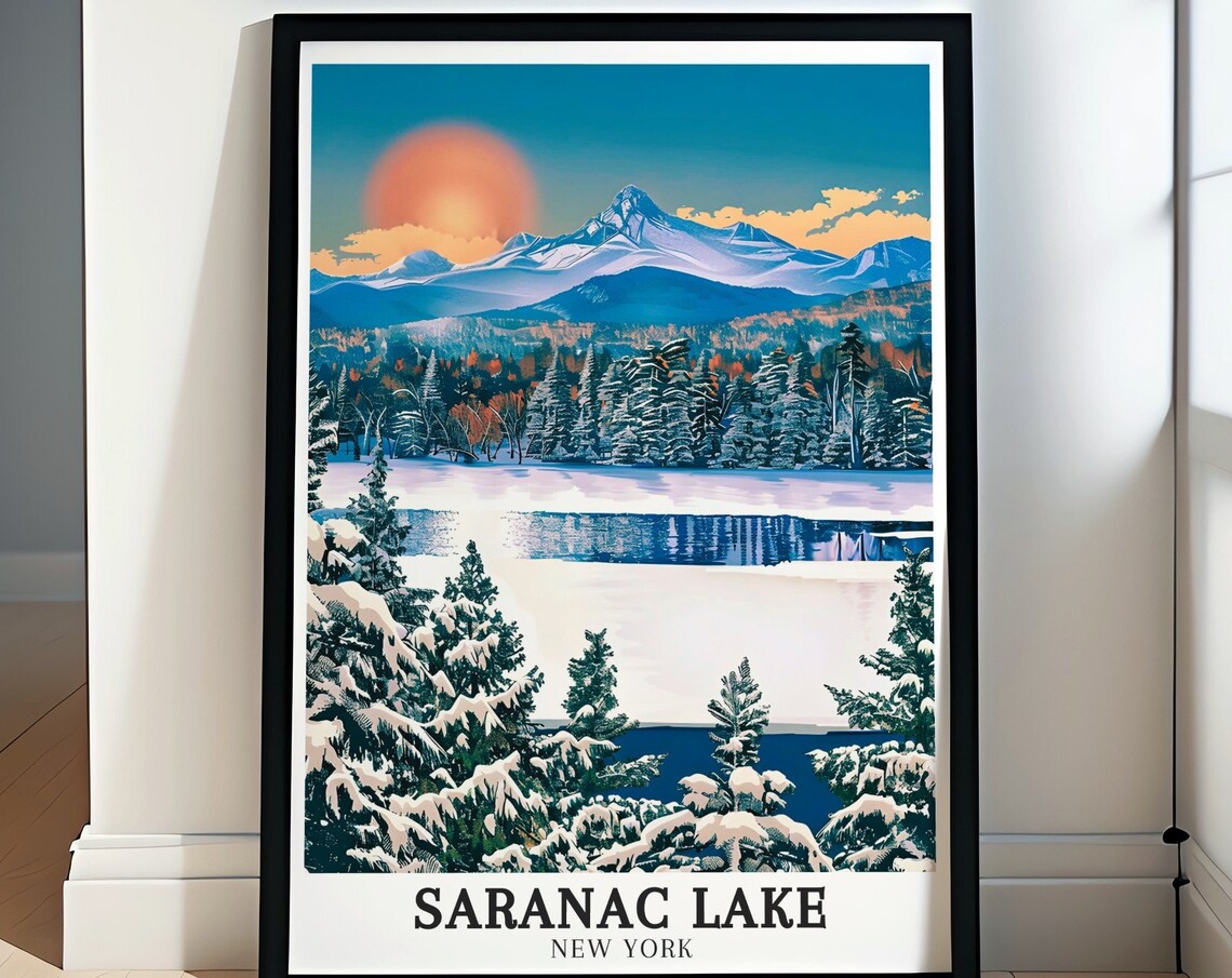 Snowy Saranac Lake Mountain Sunrise Adirondack Winter Travel Poster