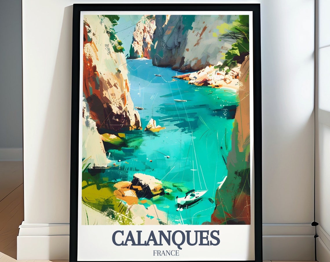 Calanques Sailboat Between Towering Cliffs In Turquoise Inlet Poster