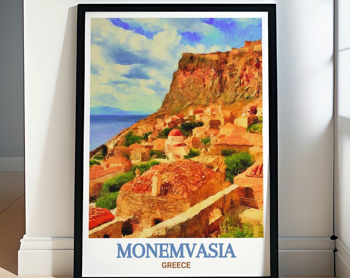 Monemvasia Greece Lower Town Terracotta Roofs Scenic Travel Poster