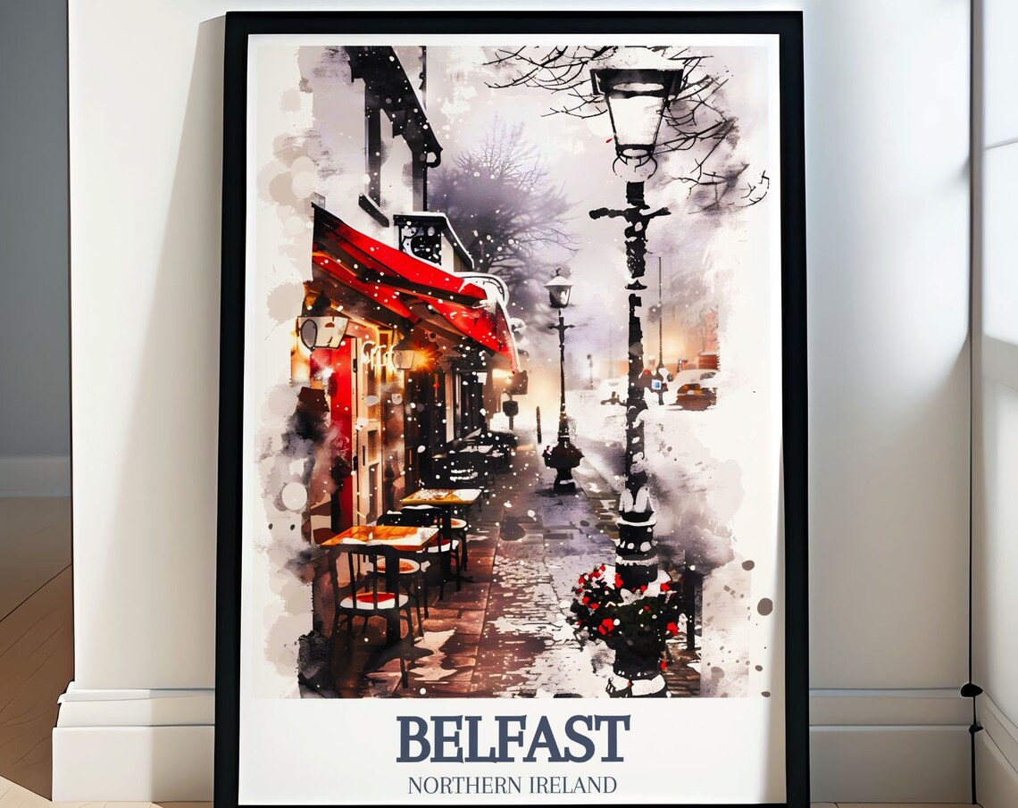 Belfast Northern Ireland Snowy Cafe Street Winter Art Poster