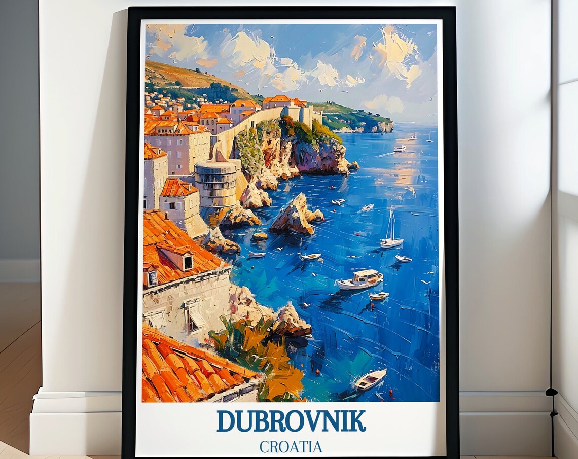 Sunny Dubrovnik Old Town Walls Above Adriatic Sea Boats Poster