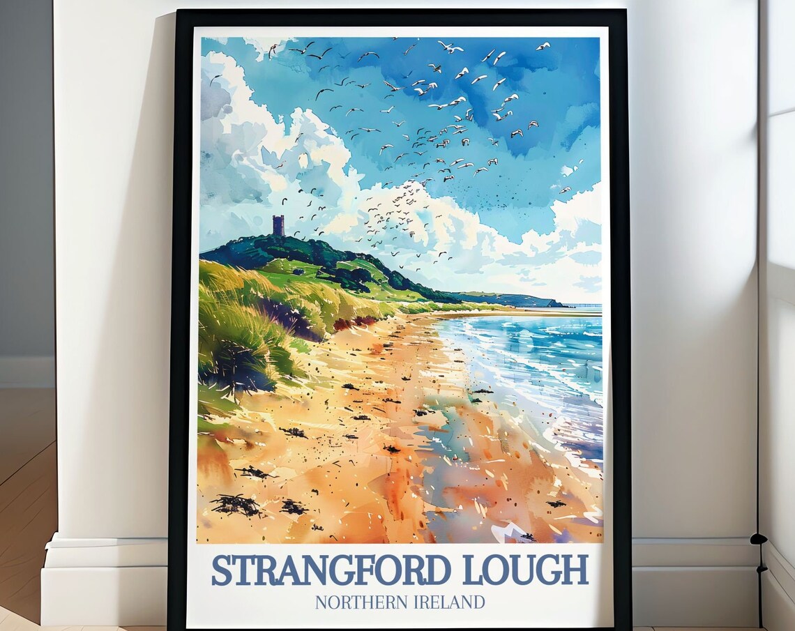 Strangford Lough Northern Ireland Beach Watercolor Birds Travel Poster