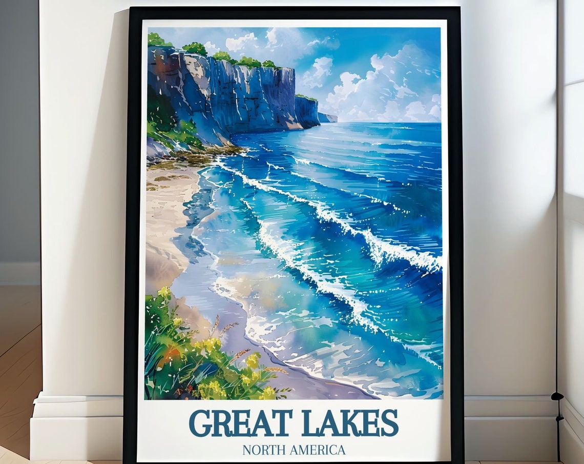 Great Lakes North America Rolling Waves Rocky Cliffs Travel Poster