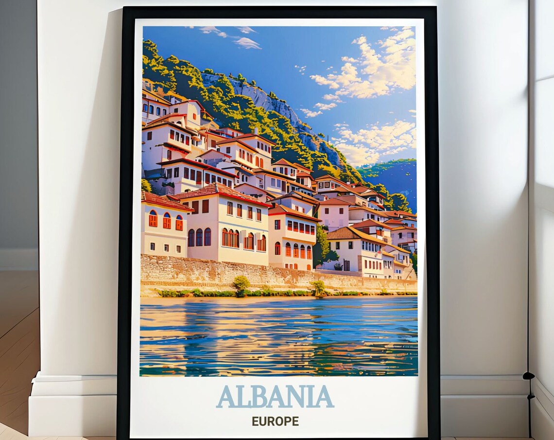 Albania Berat White Ottoman Hillside Houses River Travel Poster