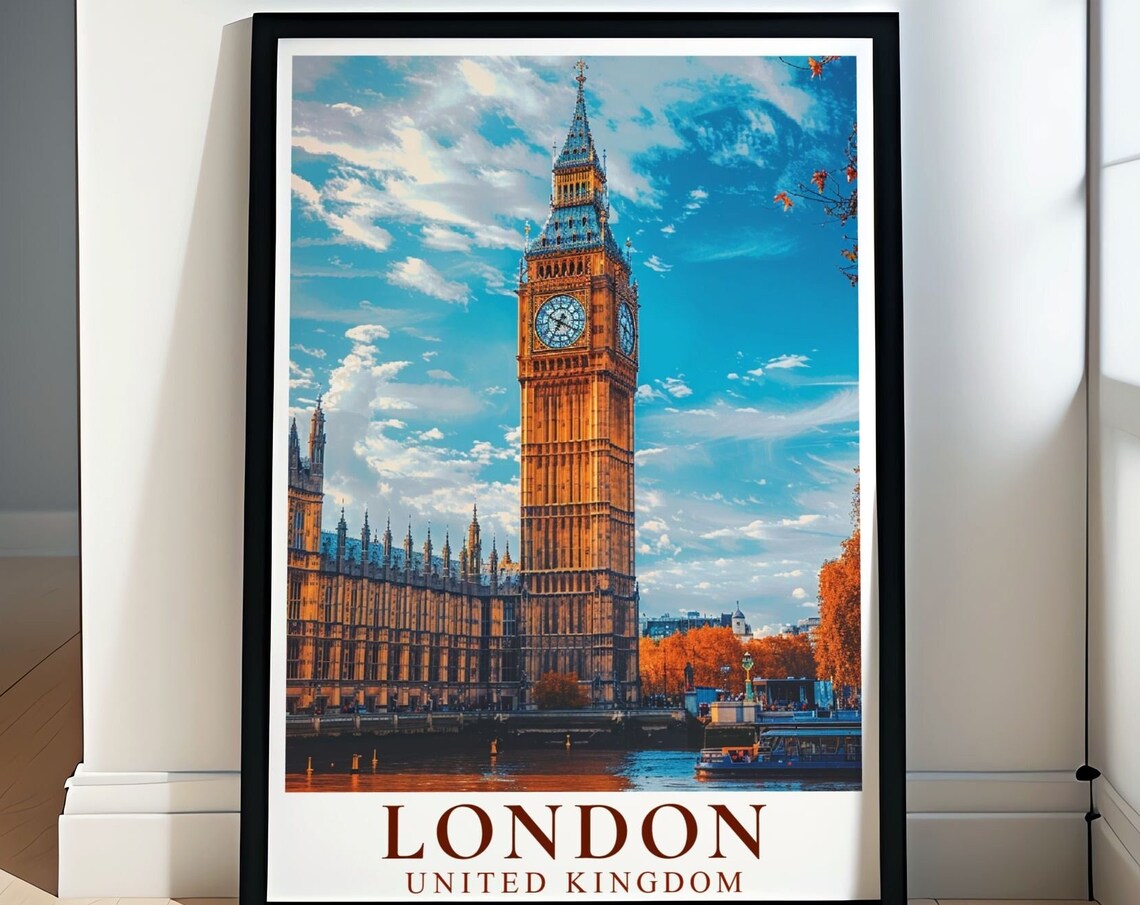 London United Kingdom Big Ben Golden Clock Tower Thames Travel Poster
