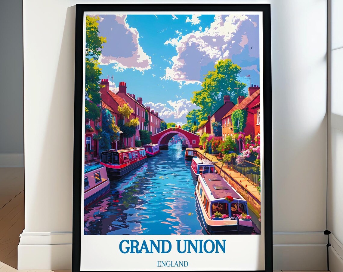 Grand Union Canal England Narrowboats Brick Bridge Canal Travel Poster