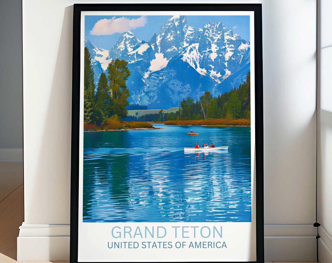 Grand Teton Lake Canoes Snow Peaks Daytime Adventure Travel Poster