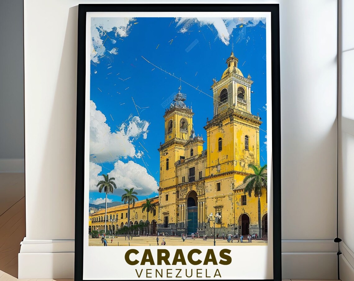 Caracas Cathedral Plaza Bolivar Golden Yellow Facade Travel Poster