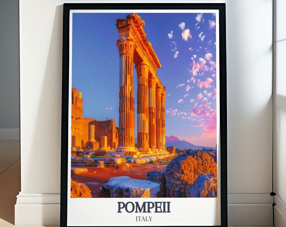 Pompeii Ancient Columns Glowing at Sunset Near Vesuvius Poster