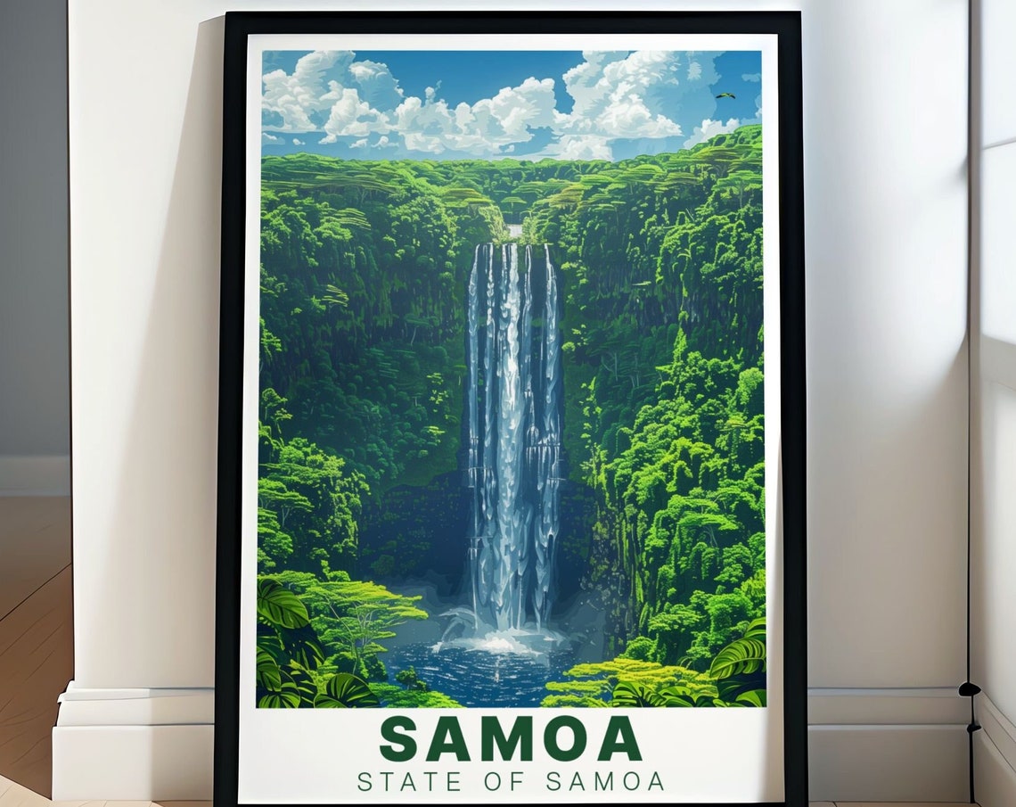 Papapapaitai Falls Tall Twin Cascade Lush Jungle Samoa Nature Poster
