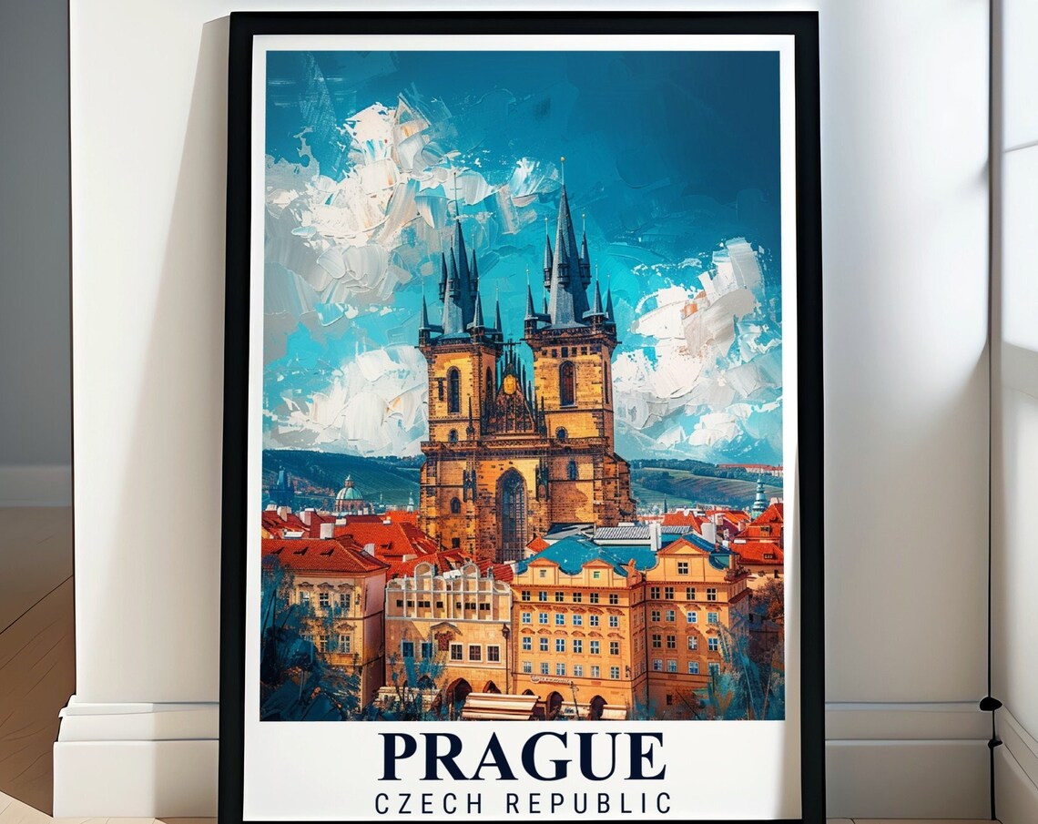 Prague Old Town Square Twin Church Towers Czech Travel Poster