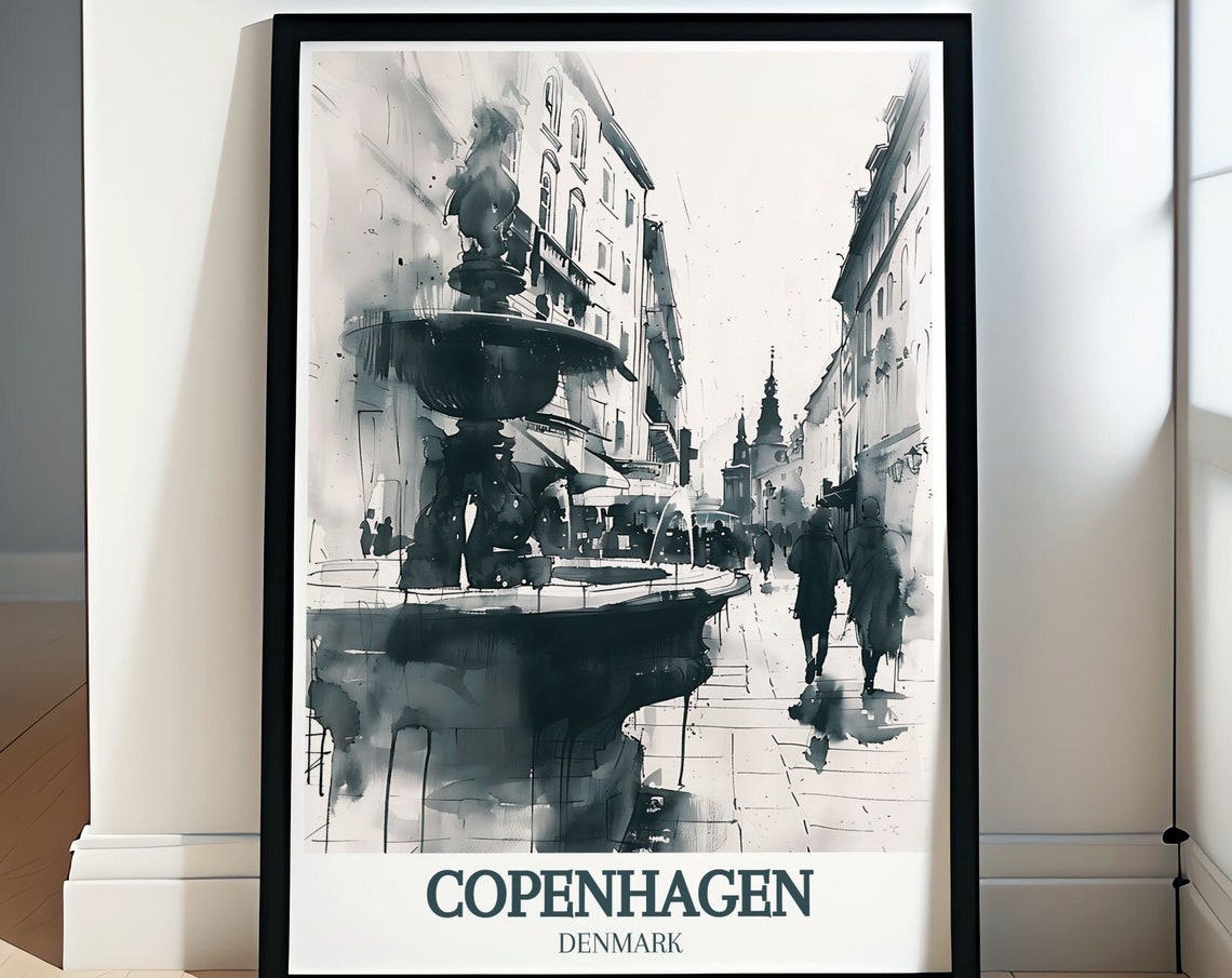 Copenhagen Travel Poster Copenhagen Travel Print Strget Street And Stork Fountain Artwork Strget Street And Stork Fountain Decor