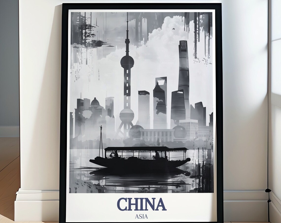 Shanghai Skyline Black and White Oriental Pearl Tower Art Poster