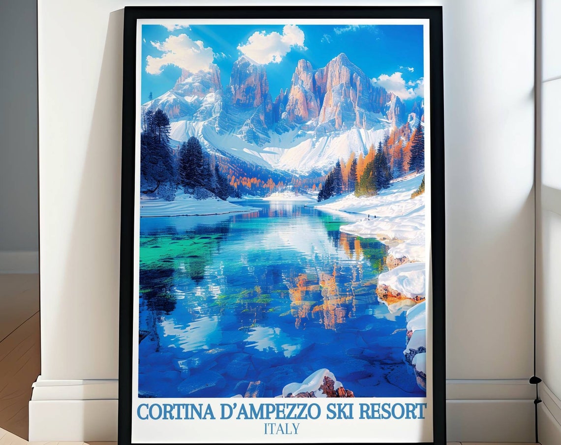 Cortina dAmpezzo Italy Dolomites Peaks Lake Reflection Ski Poster