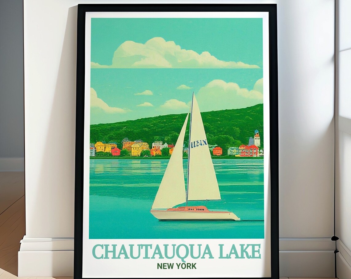 Chautauqua Lake New York Sailboat Lakeside Village Retro Travel Poster