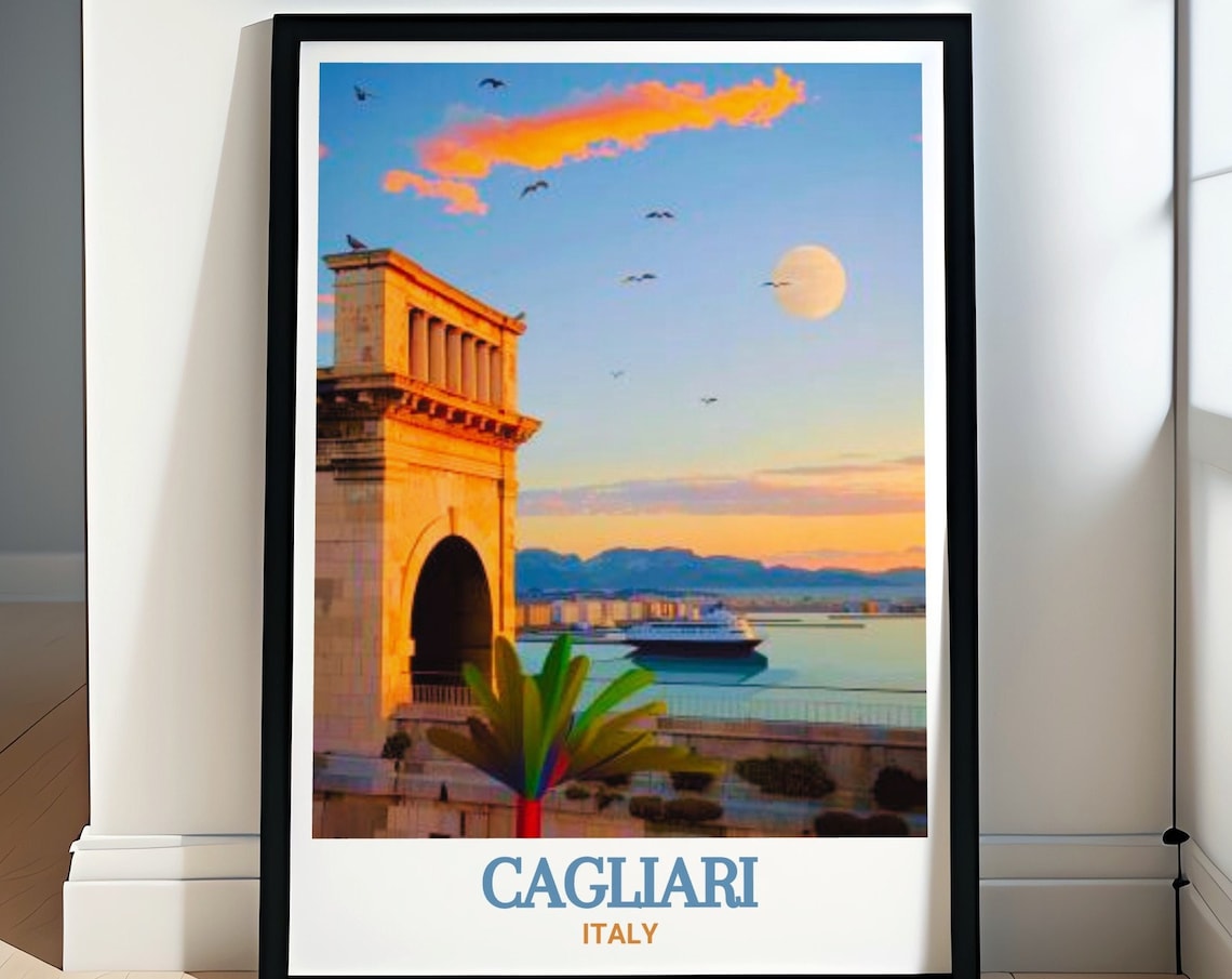 Cagliari Bastione di Saint Remy Harbor at Golden Sunset Poster