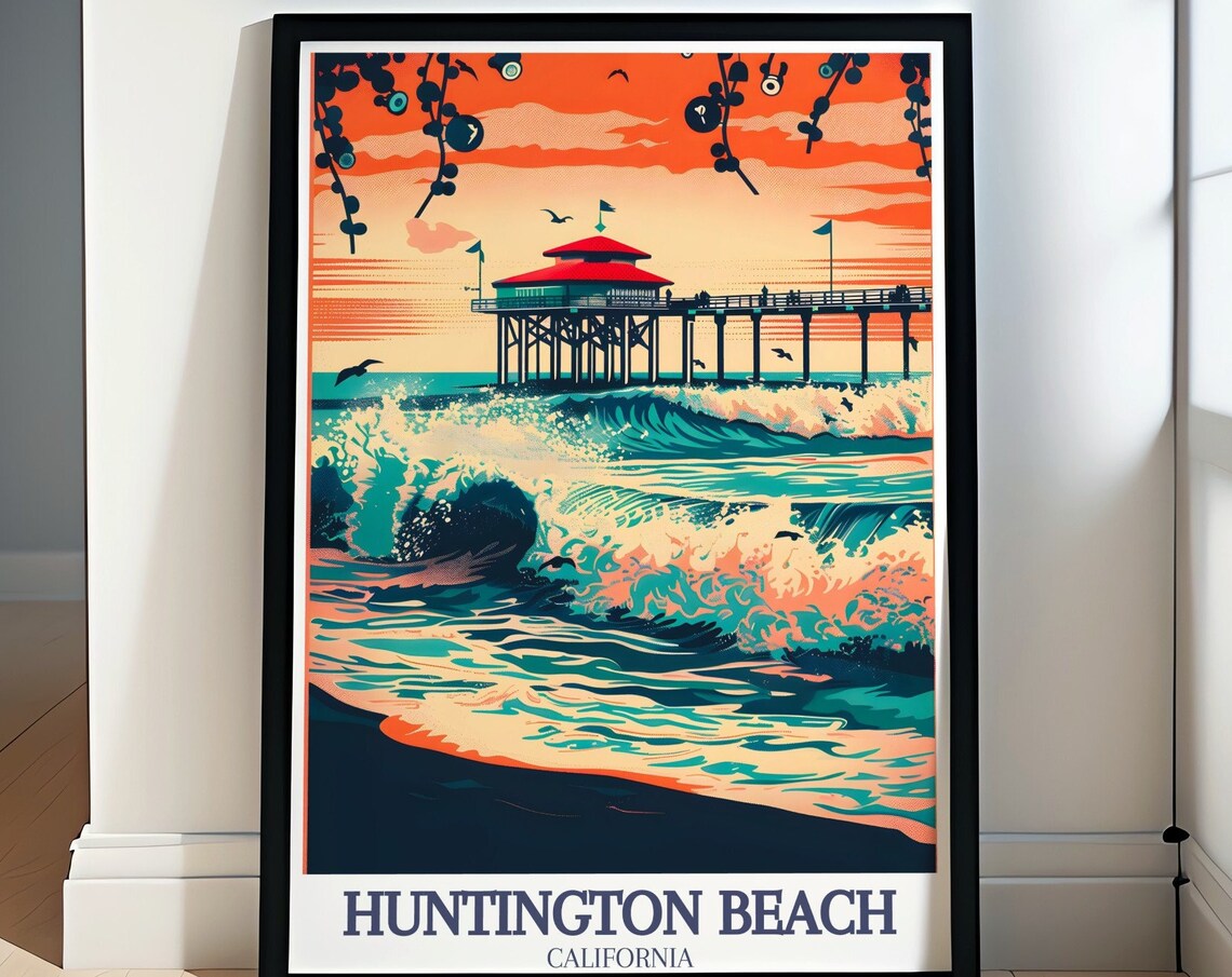 Huntington Beach Pier at Sunset With Big Crashing Waves Travel Poster