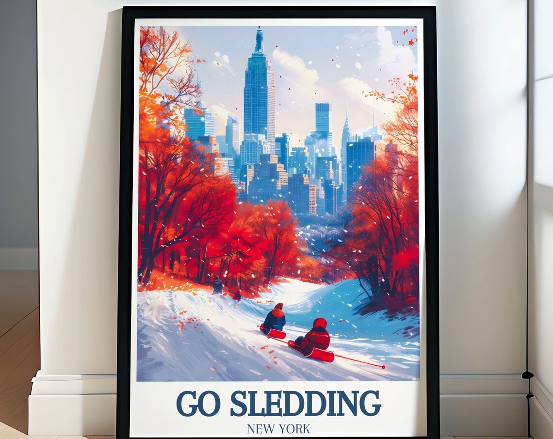Go Sledding New York City Central Park Winter Skyline Travel Poster