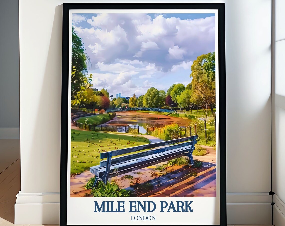 Mile End Park London Bench Overlooking Lake and Bridge Poster