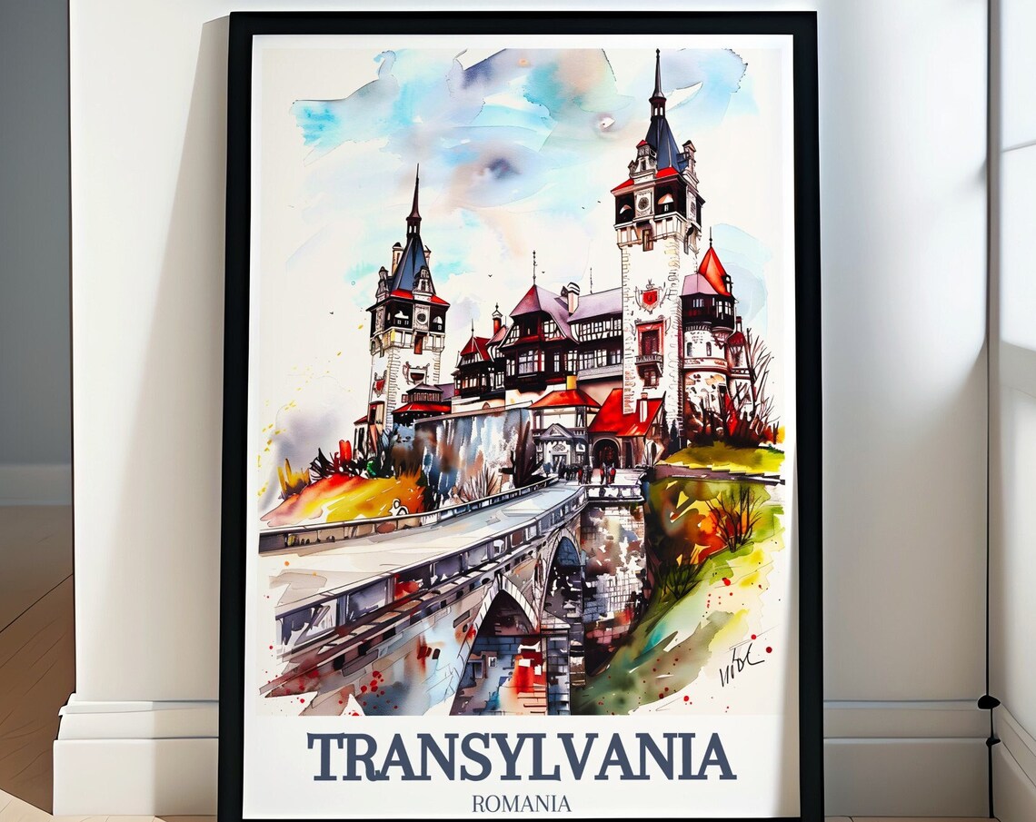 Transylvania Romania Peles Castle Sinaia Watercolor Landmark Poster